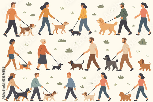 People walking dogs seamless pattern. Diverse characters, men, women, young and senior, walking pets on a leash. Community concept with various dog breeds. Pet care illustration.
