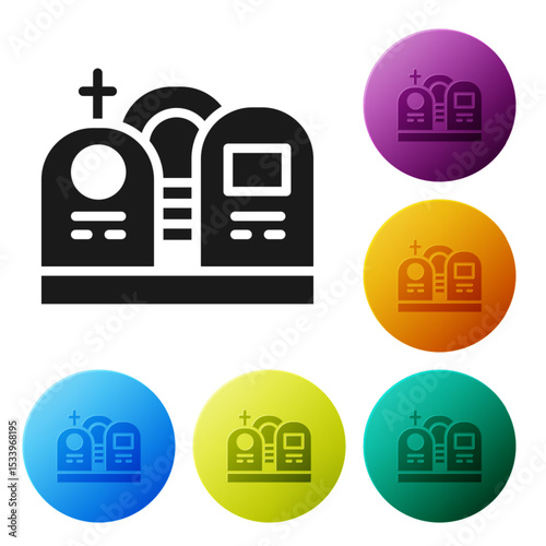 Black Grave with tombstone icon isolated on white background. Set icons in color circle buttons. Vector