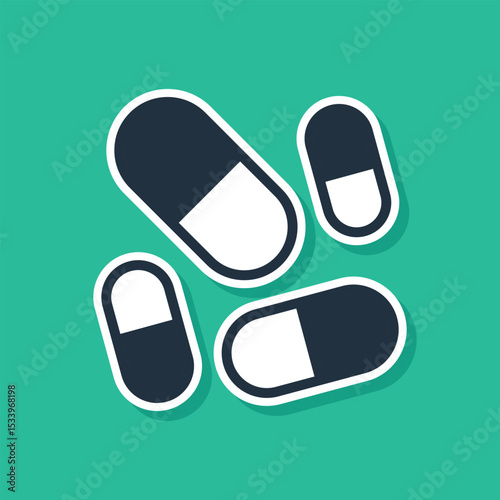 Blue Vitamin complex of pill capsule icon isolated on green background. Healthy lifestyle. Vector