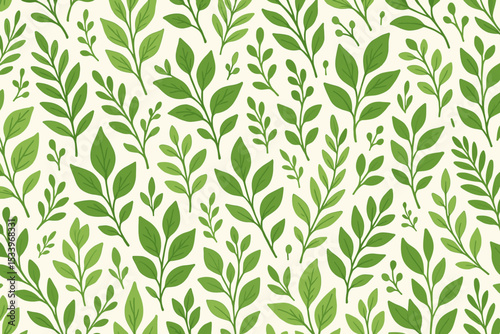 Seamless pattern with green leaves on branches. Vector botanical background with simple flat foliage. Natural organic texture for wrapping paper, textile, wallpaper. Eco friendly design.