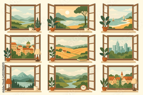 Scenic window views set. Collection of open windows with diverse landscapes. Vector illustration of cityscape, countryside, sea, mountain, lake, and village. Home and travel concept.