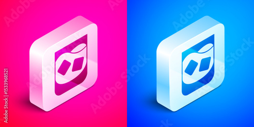 Isometric Glass of whiskey and ice cubes icon isolated on pink and blue background. Silver square button. Vector
