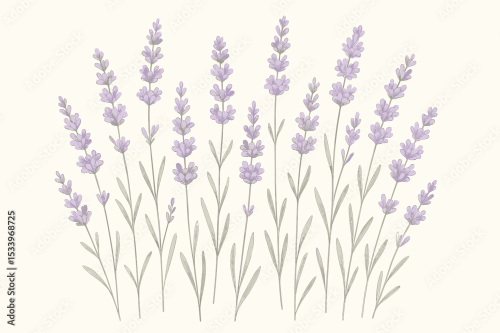 Naklejka premium Hand drawn lavender flowers vector illustration. Purple floral plant background for aromatherapy, spa and wellness. Botanical wild flower for natural cosmetics and product design.
