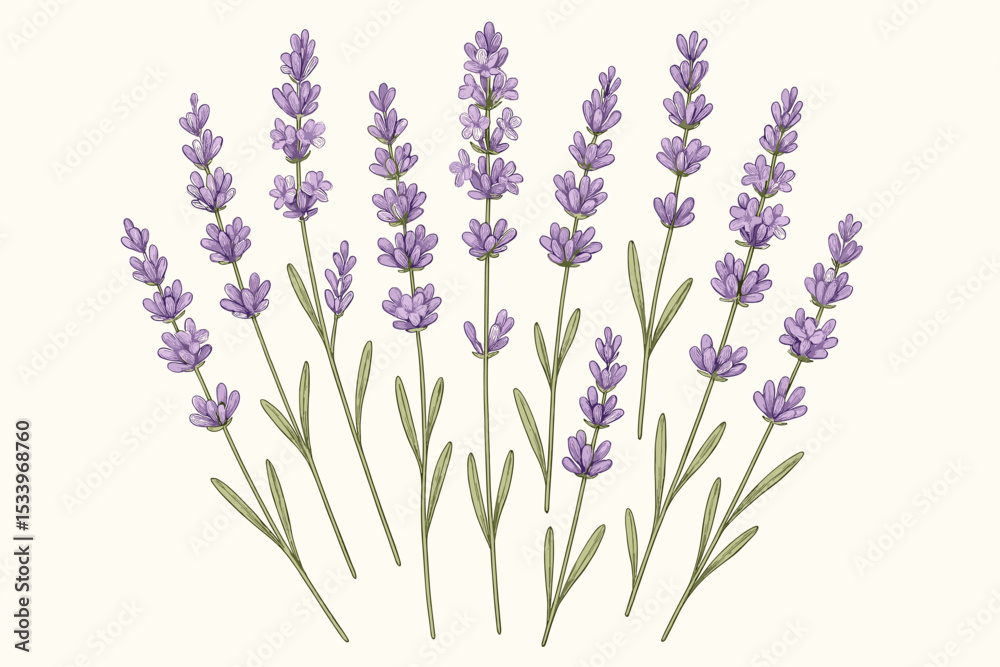 Naklejka premium Hand-drawn lavender flower vector illustration. Botanical drawing of purple blossoms and stems. Elegant floral arrangement for aromatherapy, spa, and beauty. Rustic vintage design.
