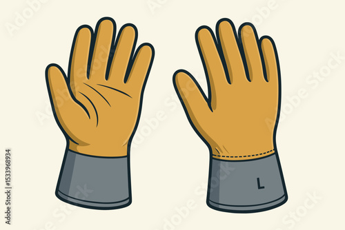Industrial safety gloves vector illustration. Pair of yellow work gloves for hand protection. Personal Protective Equipment, PPE, for construction, industry and manual labor.