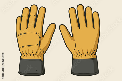 Industrial safety gloves vector icon. Pair of yellow leather work gloves, palm and back view. Personal protective equipment PPE for construction worker. Hand protection symbol.