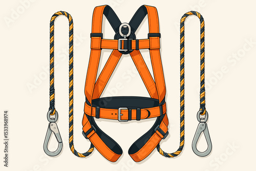 Vector illustration of a safety harness for working at height. Fall protection equipment for construction and industrial work. PPE concept with full body harness, rope and carabiner.