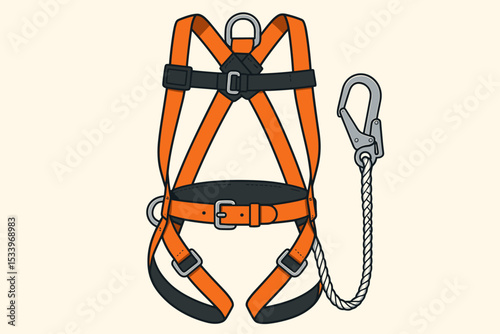 Safety harness for fall protection vector illustration. Full body personal protective equipment (PPE) for working at height. Industrial construction gear with rope lanyard and carabiner.
