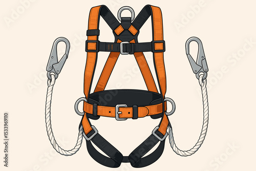 Full body safety harness vector illustration. Fall arrest and protection system for high altitude work. Industrial personal protective equipment PPE with lanyards and snap hooks.