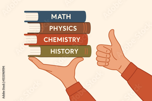 Educational concept with hand holding a stack of textbooks. Subjects include Math, Physics, Chemistry, History. Thumbs up gesture for school success, approval, and learning.