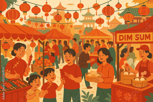 Chinese New Year festival illustration. Happy family enjoying a traditional lunar celebration at a bustling street food market in Chinatown. People eating dim sum and asian snacks.