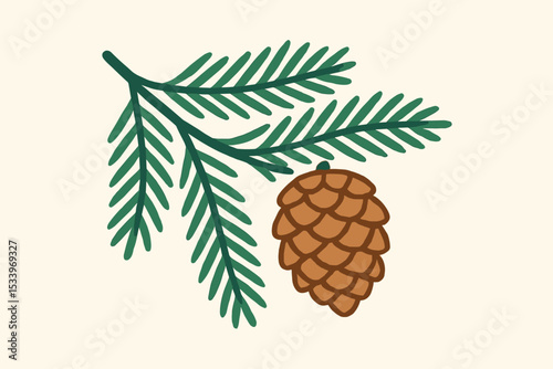 Christmas pine branch with cone illustration. Winter evergreen fir twig with snow. Hand-drawn botanical vector graphic. Festive holiday nature element for decoration or greeting card.