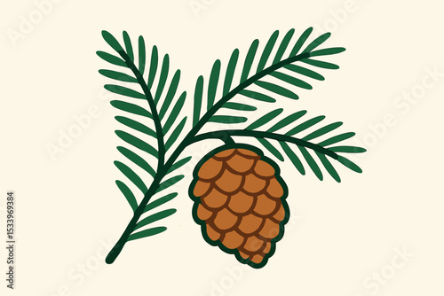Pine branch with cone vector illustration. Hand-drawn evergreen fir sprig with pinecone. Christmas holiday decoration element. Botanical winter nature graphic. Isolated forest symbol.