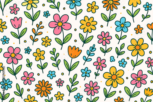 Colorful hand drawn flower doodle seamless pattern. Whimsical floral background with cute cartoon blossoms. Spring or summer groovy retro vector texture for kids textile or wallpaper.