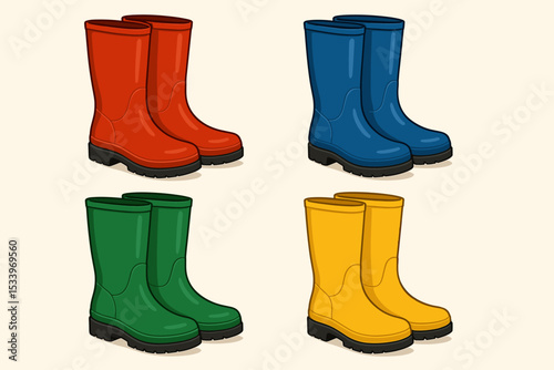 Collection of colorful gumboots illustration. Set of red, blue, green, yellow rain boots. Vector icon for rainy weather, autumn, gardening. Waterproof rubber footwear isolated.