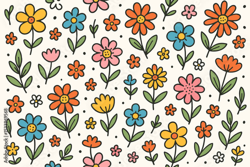 Retro groovy floral seamless pattern with hand drawn flowers. Whimsical 70s style doodle background. Cute colorful cartoon drawing for kids. Vintage flower power naive art print.