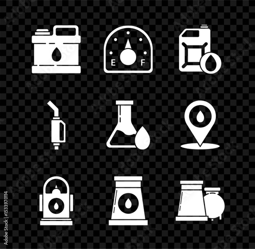 Set Canister for motor machine oil, Motor gas gauge, Petrol Gas station, Oil and industrial factory building, Gasoline pump nozzle and petrol test tube icon. Vector