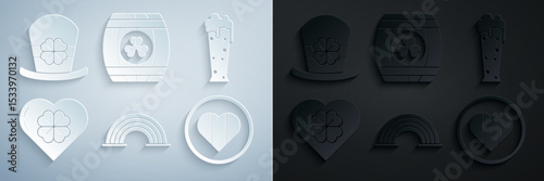 Set Rainbow, Glass of beer, Heart with four leaf clover, and Happy Saint Patrick day, Wooden barrel and Leprechaun hat icon. Vector