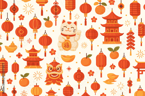 Chinese New Year seamless pattern with traditional Asian symbols. Lunar New Year festive background with red lantern, lion dance, lucky cat, pagoda. Vector holiday illustration design.
