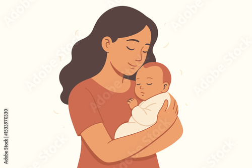 Loving mother gently holding her sleeping newborn baby. Tender maternal embrace. Happy motherhood concept. Young woman with her infant child. Family love, care, and tenderness.