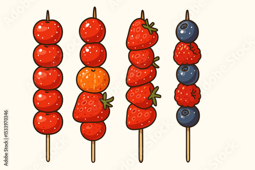 Tanghulu vector illustration set. Collection of Chinese candied fruit skewers. Traditional Asian street food. Dessert on a stick with sugar glaze, hawthorn, strawberry, orange.