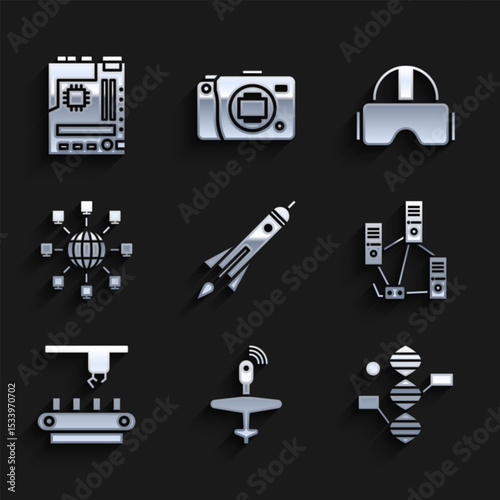 Set Rocket ship with fire, UAV Drone, DNA symbol, Computer network, Factory conveyor system belt, Social, Virtual reality glasses and Motherboard icon. Vector