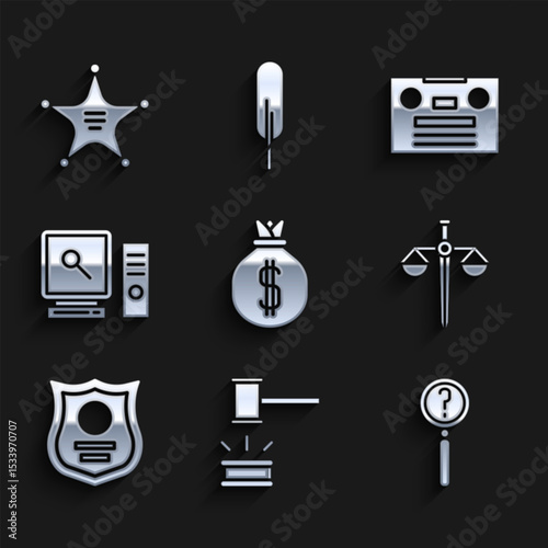 Set Money bag, Judge gavel, Magnifying glass with search, Scales of justice, Police badge, Search computer screen, Retro audio cassette tape and Hexagram sheriff icon. Vector
