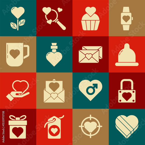 Set Candy in heart shaped box, Lock, Condom, Wedding cake with, Bottle love potion, Coffee cup, Heart flower and Envelope Valentine icon. Vector
