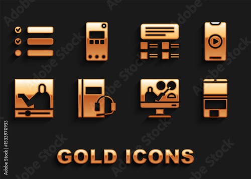 Set Audio book, Online play video, Laptop, education, quiz, test, survey, Task list and Mobile phone icon. Vector
