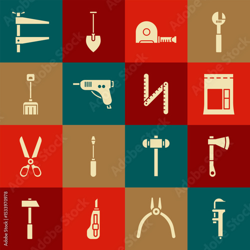 Set Calliper or caliper and scale, Wooden axe, Cement bag, Roulette construction, Electric hot glue gun, Snow shovel, Clamp tool and Folding ruler icon. Vector
