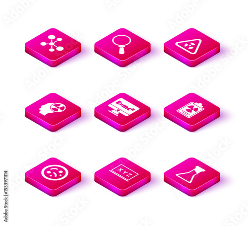 Set Bacteria, XYZ Coordinate system, Head and radiation symbol, Equation solution, Test tube flask, Radiation warning document, Triangle with and Magnifying glass icon. Vector