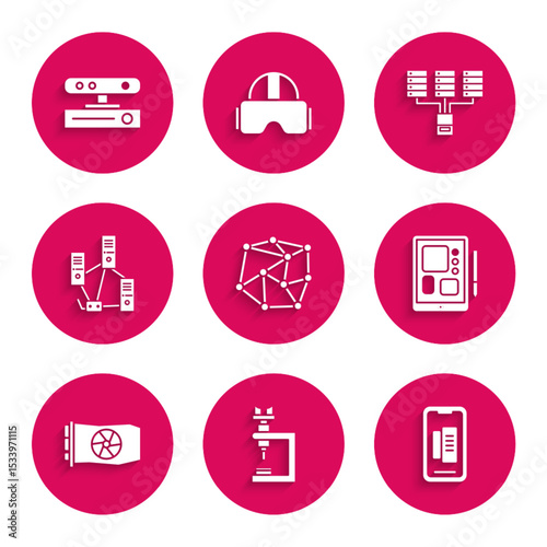 Set Neural network, Microscope, Smartphone, mobile phone, Graphic tablet, Video graphic card, Computer, Server, Data, Web Hosting and Motion sensor icon. Vector