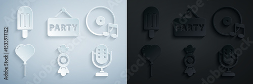 Set Candy, Vinyl disk, Balloon form of heart, Microphone, Signboard party and Ice cream icon. Vector