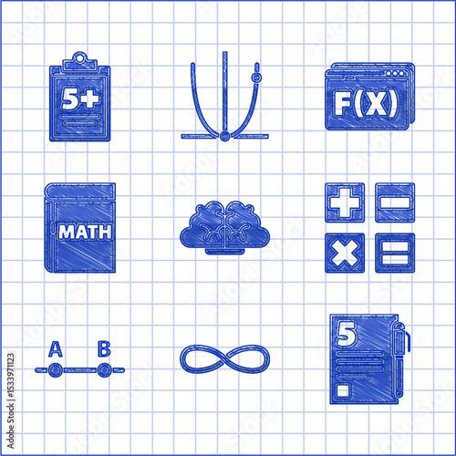 Set Human brain, Infinity, Test or exam sheet and pen, Calculator, Graph, schedule, chart, diagram, Book with word mathematics, Function mathematical symbol and icon. Vector
