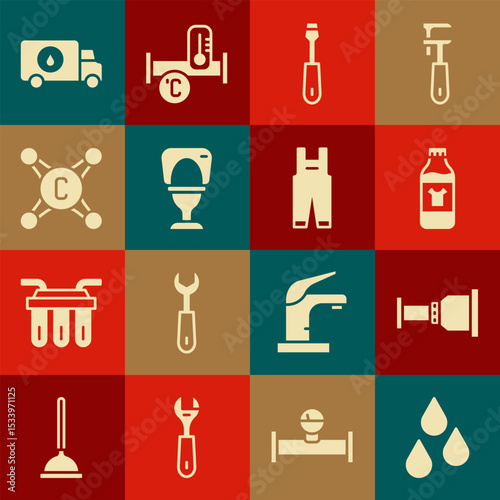 Set Water drop, Pipe adapter, Bottle for cleaning agent, Screwdriver, Toilet bowl, tap, Plumber service car and Work overalls icon. Vector