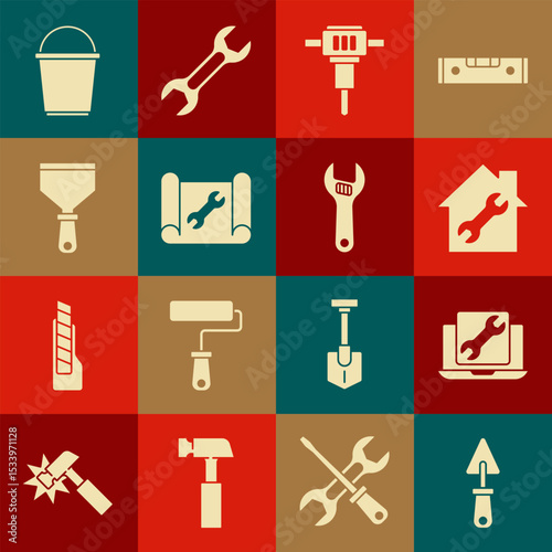 Set Trowel, Laptop service, House repair, Construction jackhammer, Graphing paper and wrench, Putty knife, Bucket and Adjustable icon. Vector
