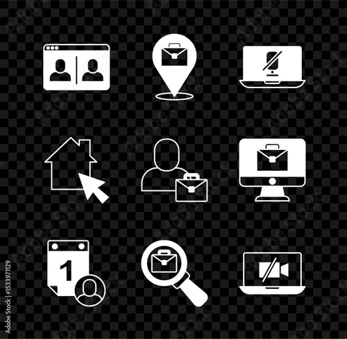 Set Video chat conference, Online working, Mute microphone laptop, Time management, Magnifying glass with briefcase, camera Off, and Freelancer icon. Vector