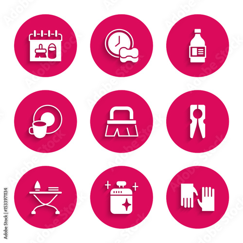 Set Brush for cleaning, Clean cooking pot, Rubber gloves, Clothes pin, Iron and ironing board, Washing dishes, Bottle agent and Cleaning calendar icon. Vector