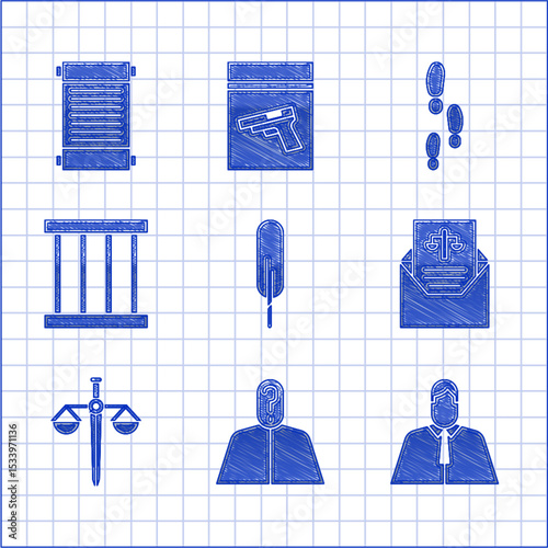 Set Feather pen, Anonymous with question mark, Lawyer, attorney, jurist, Subpoena, Scales of justice, Prison window, Footsteps and Decree, paper, parchment, scroll icon. Vector