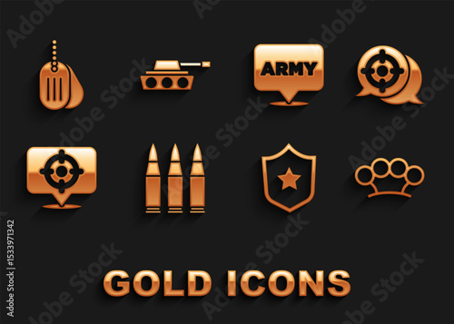 Set Bullet, Target sport, Brass knuckles, Military reward medal, army, dog tag and tank icon. Vector