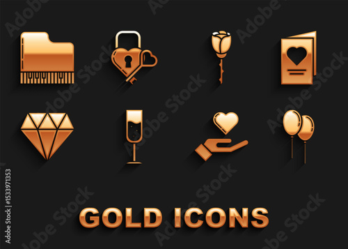 Set Glass of champagne, Valentines day party flyer with heart, Balloons ribbon, Heart hand, Diamond, Flower rose, Grand piano and Castle the shape key icon. Vector