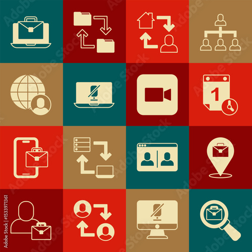 Set Magnifying glass with briefcase, Online working, Time management, Mute microphone on laptop, Freelancer, and Camera icon. Vector