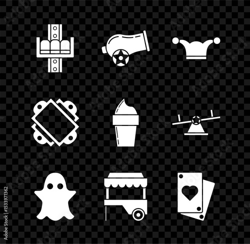 Set Attraction carousel, Cannon, Jester hat with bells, Ghost, Fast street food cart awning, Playing card, Ticket and Ice cream waffle cone icon. Vector