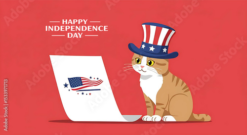 Flat vector American Curl cat wearing American Flag hat, reading letter coinciding with Independence Day, pink background, centered composition, vector style