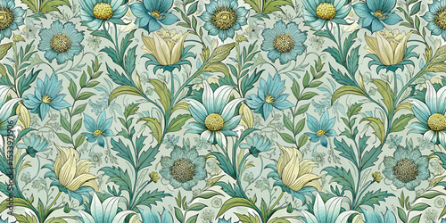 Vibrant floral pattern featuring blue and cream flowers on a soft green background.