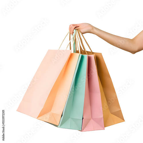 Shopping bags in hands isolated on a transparent background