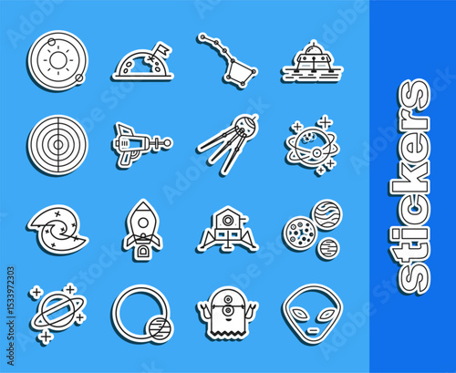Set line Alien, Planet, Great Bear constellation, Ray gun, Earth structure, Solar system and Satellite icon. Vector