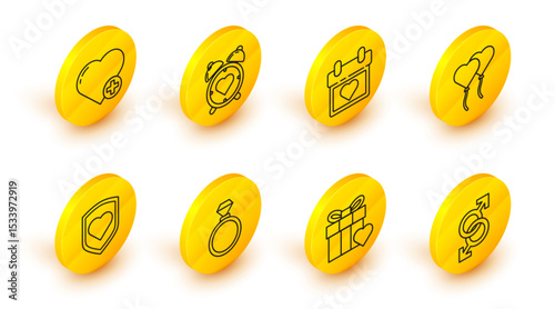 Set line Male gender symbol, Gift box and heart, Wedding rings, Heart with shield, Balloons form of, Calendar, the center alarm clock and icon. Vector