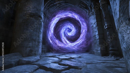 Swirling blue and purple magical energy from an arcane portal carved into stone in an ancient forgotten temple