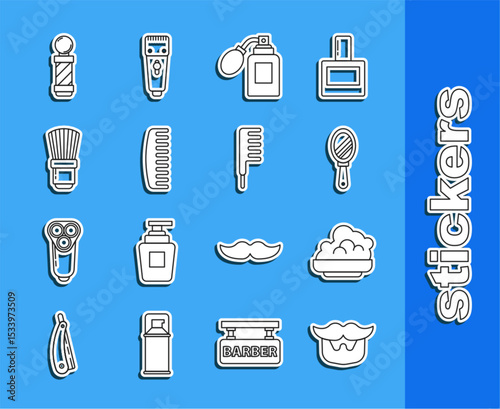 Set line Mustache and beard, Shaving gel foam, Hand mirror, Aftershave bottle with atomizer, Hairbrush, Classic Barber shop pole and icon. Vector